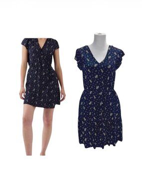 Gap Floral Mini Dress Navy Blue V Neck Flutter Sleeve Pockets Women Medium